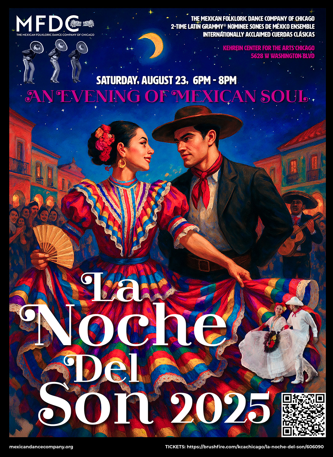 A poster for the upcoming event: La Noche del Son - An evening of Mexican Soul. An illustration of an old, colorful Mexican Plaza with a crowd watching a couple dancing.