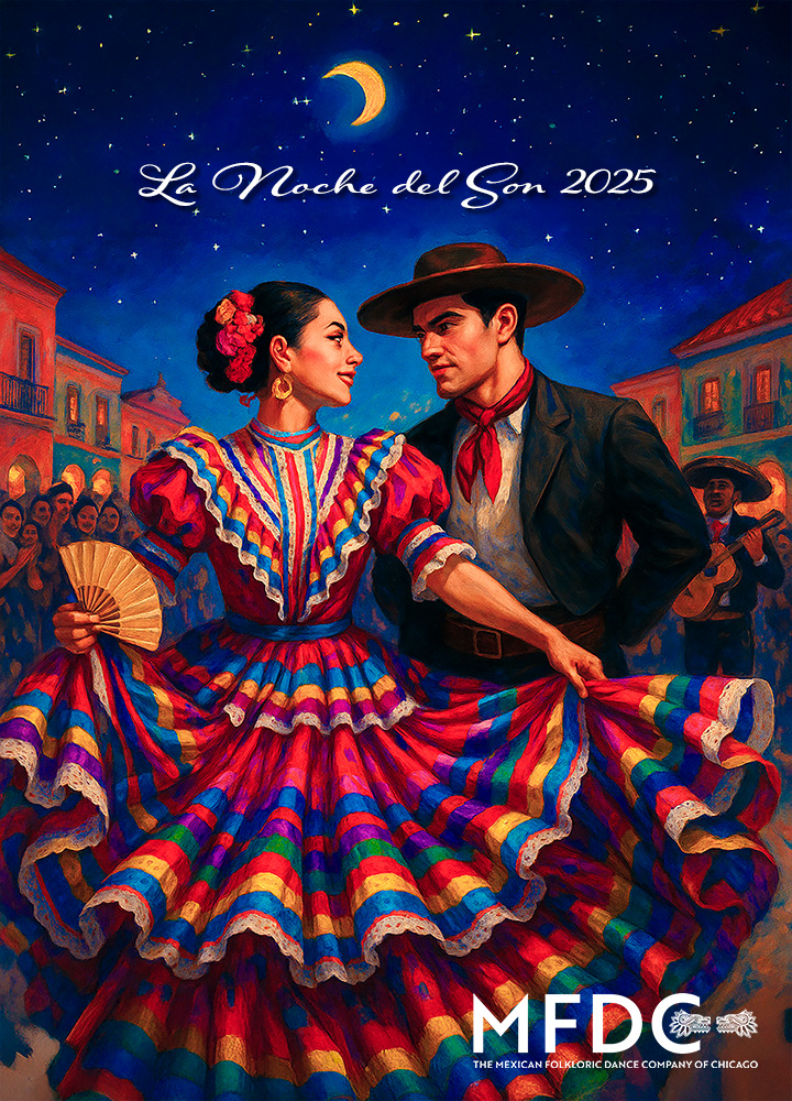 A poster for the upcoming event: La Noche del Son - An evening of Mexican Soul. An illustration of an old, colorful Mexican Plaza with a crowd watching a couple dancing.