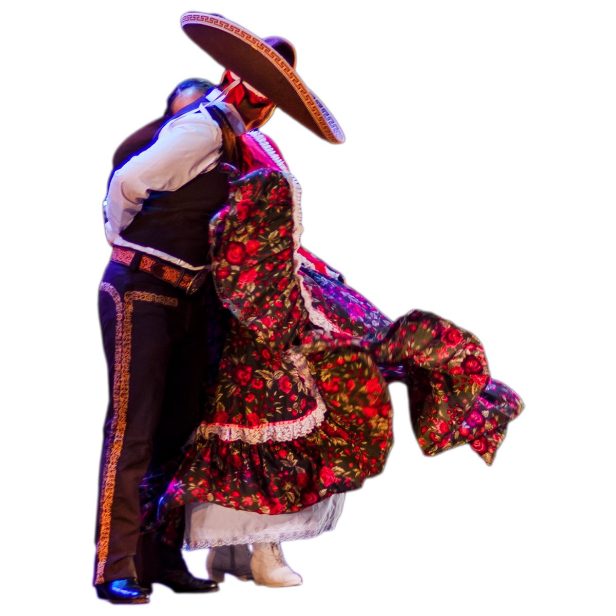 A couple ending a dance, the man pretends to kiss the girl behind his huge Mexican sombrero.